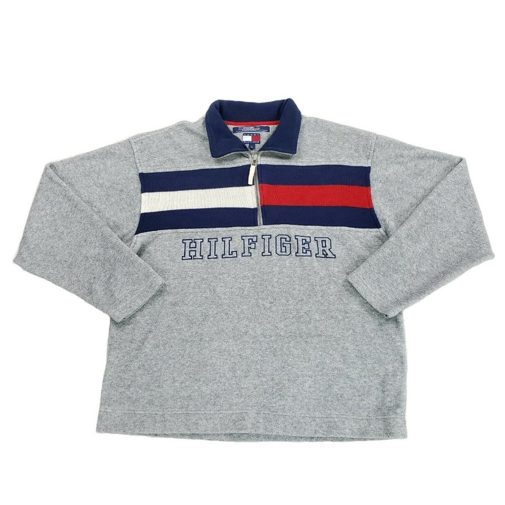 Vtg Tommy Hilfiger Logo Big Flag Spell Out Fleece Pullover 1/4 Zip Jacket Large